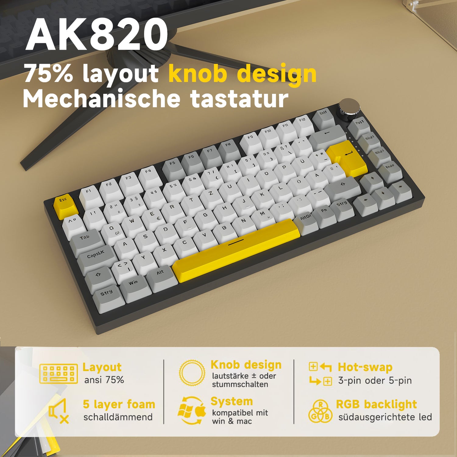 AJAZZ AK820 Mechanical Keyboard German keyboard ISO-DE layout QWERTZ Hot-swappable volume rotary button