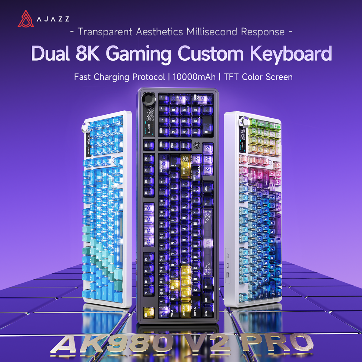 AJAZZ AK980 V2 PRO Dual 8K gaming wireless mechanical keyboard, 10000mAh TFT color screen, wireless Bluetooth, hot-swappable