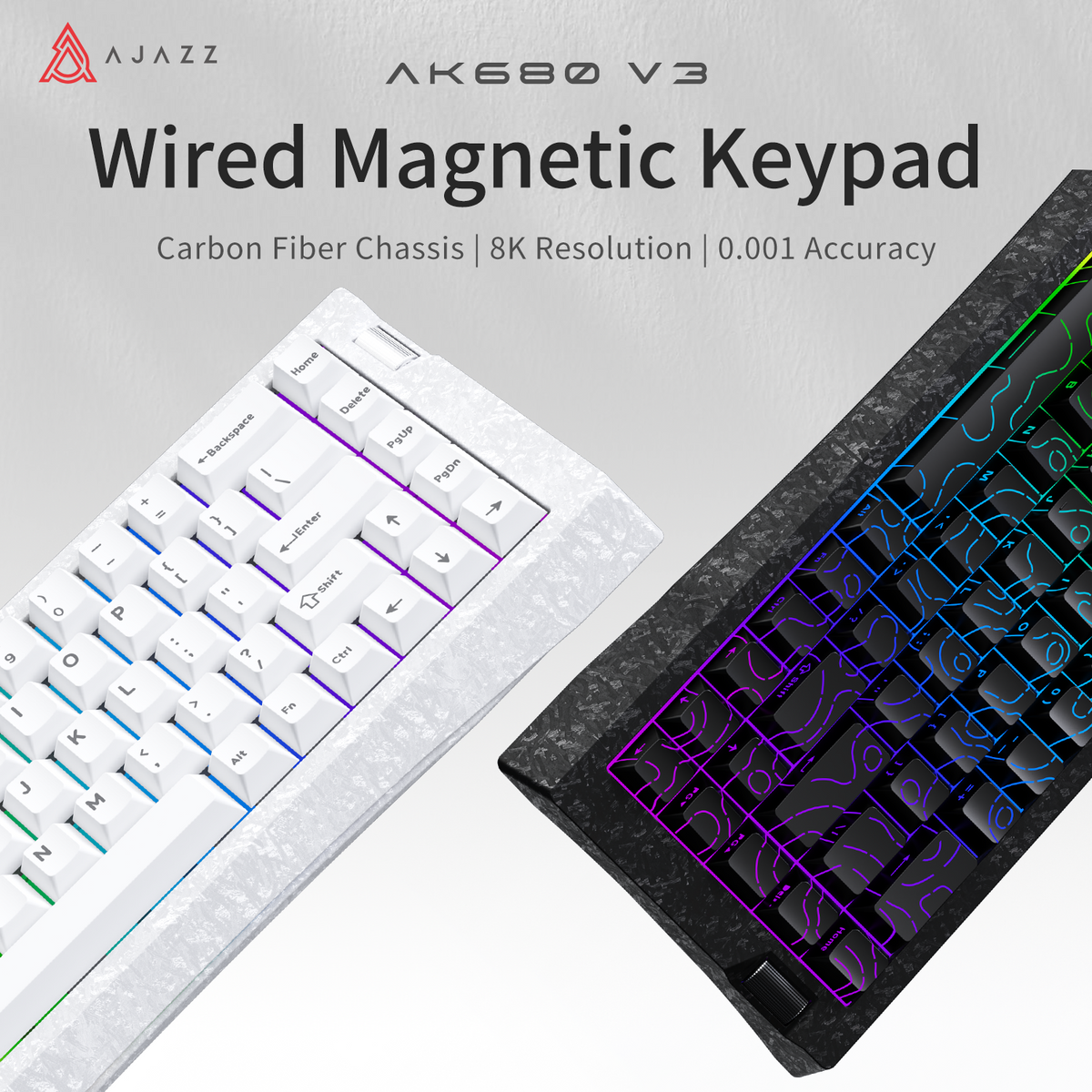 AJAZZ AK680 V3 Magnetic Switch Keyboard, Wired Mechanical Gaming Keyboard, 60% Layout, Carbon Fiber Shell, RGB Lighting, 8K Hz Polling Rate, RT 0.001mm, 5‑Layer Padding, Web‑Based Driver, Includes Keyboard Lanyard