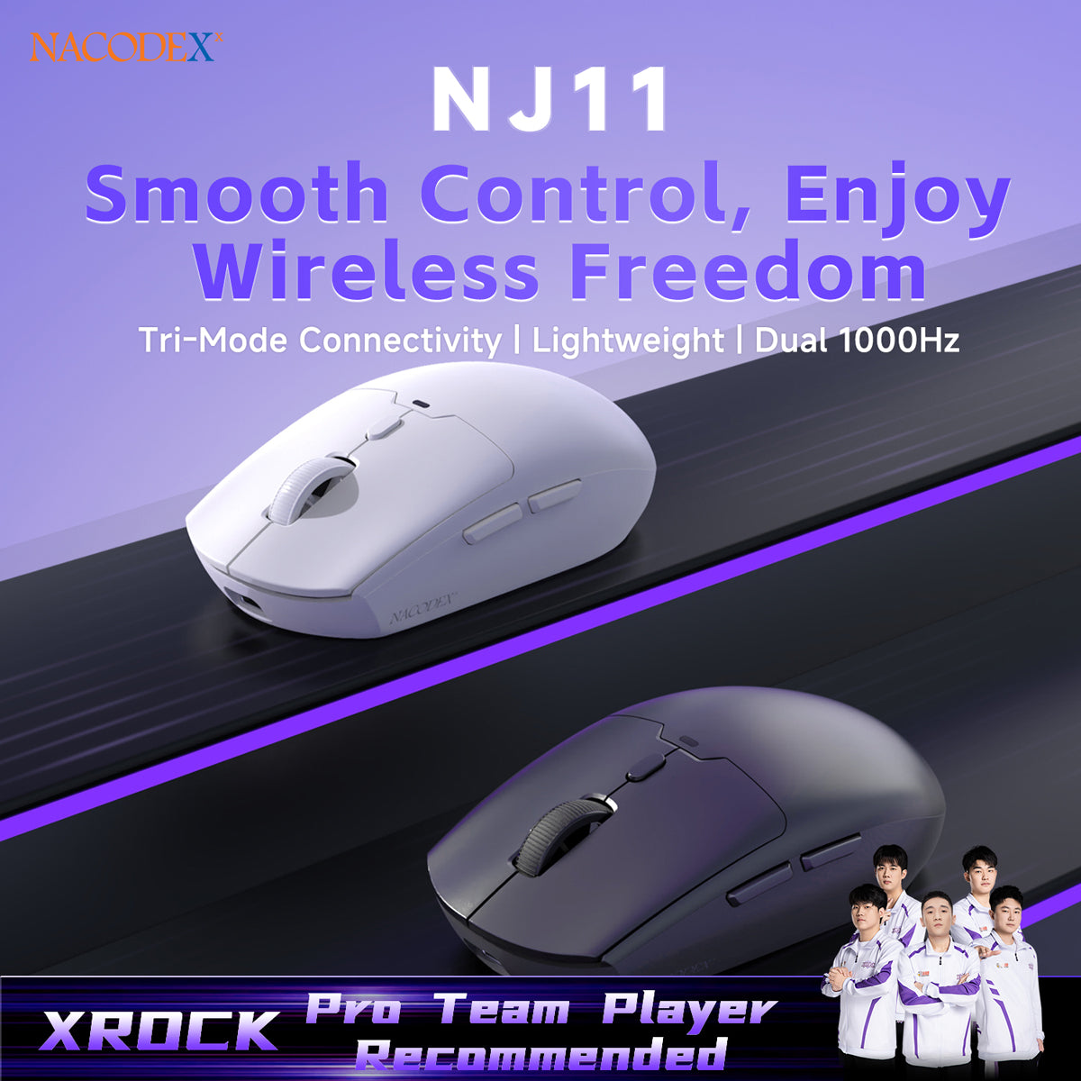 AJAZZ NJ11 Wireless Gaming Mouse with 1000Hz Polling Rate 6-Level Adjustable DPI 300mAh High-Capacity Battery Lightweight Design