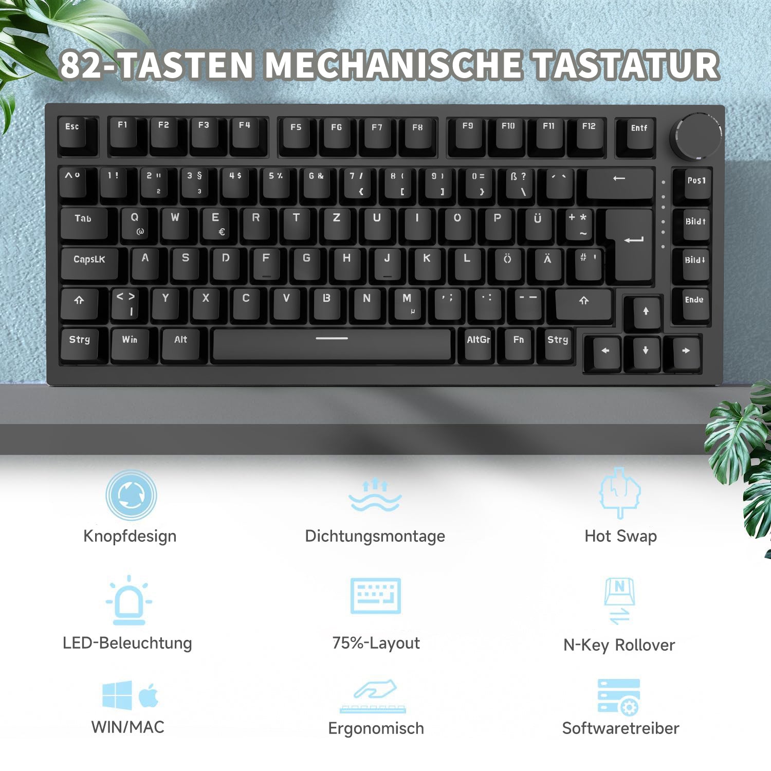 AJAZZ AK820 Mechanical Keyboard German keyboard ISO-DE layout QWERTZ Hot-swappable volume rotary button
