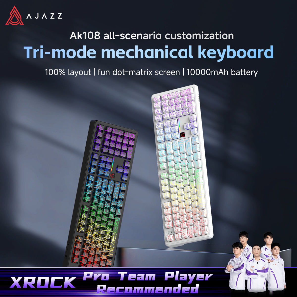 AJAZZ AK108 Wireless Mechanical Keyboard, Tri‑Mode Gaming Keyboard, 100% Full‑Size Layout, for Office & Gaming, Built‑in 1000mAh Large‑Capacity Battery, Dot‑Matrix Display, Full‑Key Hot‑Swap, RGB Backlit Effects