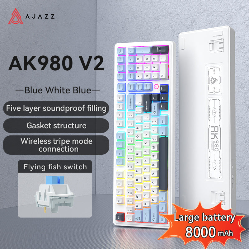 AJAZZ AK980 V2 Gaming Mechanical Keyboard 5000mAh/10000mAh Hot swappable Bluetooth/2.4G Wireless /Wired