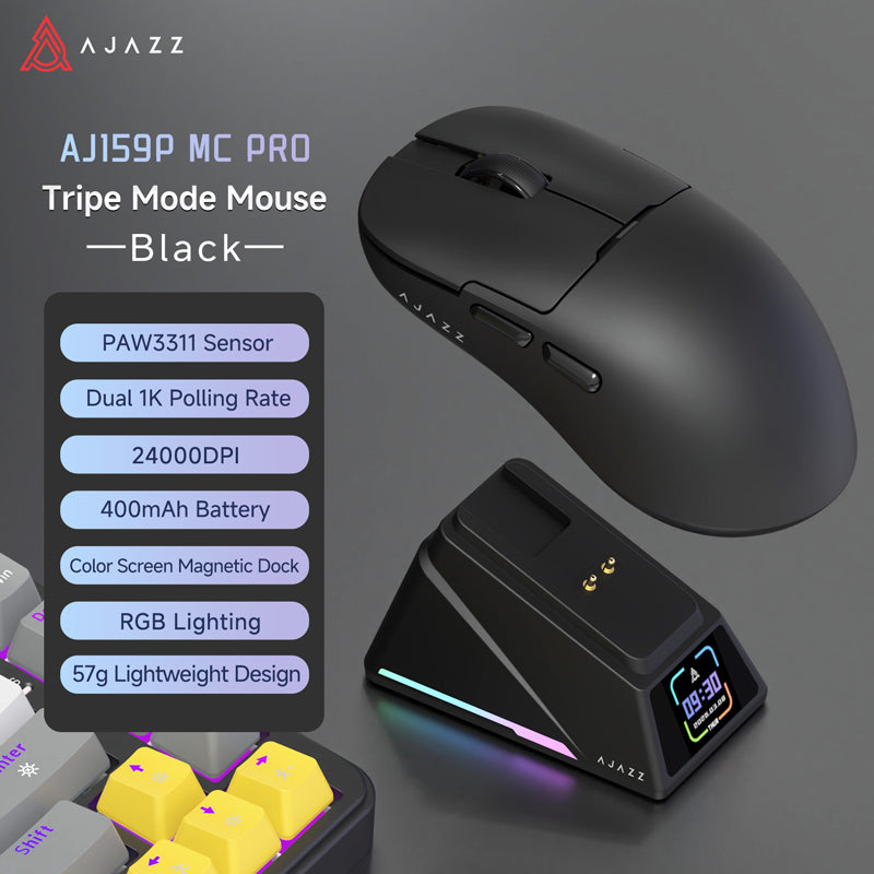 AJAZZ AJI59P MC PRO Wireless Gaming & Office Mouse – Color Screen, Magnetic Dock, PAW3311 Sensor Dual 1K Polling Rate, 24,000 DPI, 400mAh Battery, RGB Lighting, 57g Lightweight Design
