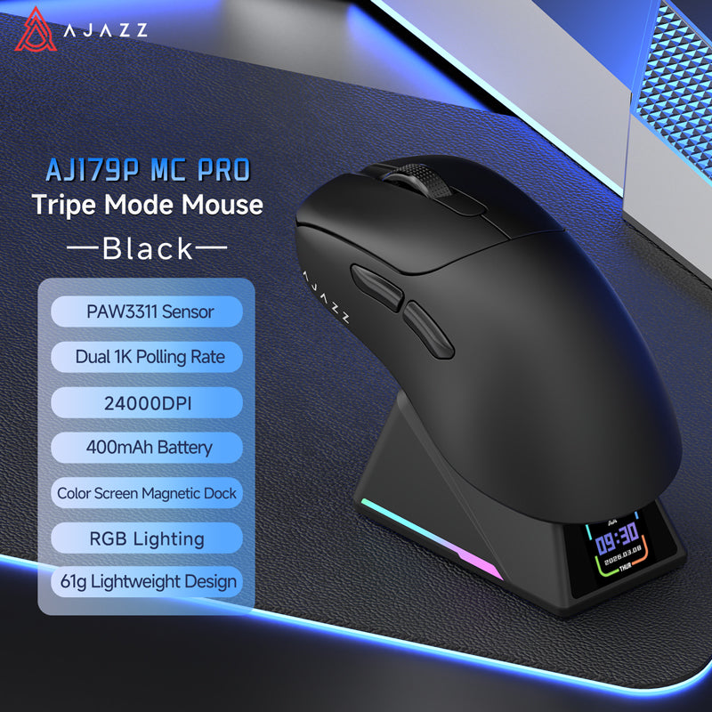 AJAZZ AJ179P MC PRO Wireless Gaming Mouse with Magnetic Charging Dock PAW3311 Sensor Tri-mode Connectivity Dual 1kHz Polling Rate