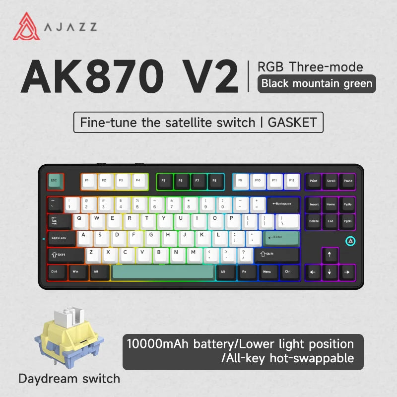 AJAZZ AK870 V2 Keyboard Gaming Mechanical Keyboard 10000mAh Wired/Wireless Bluetooth Gaming Keyboard