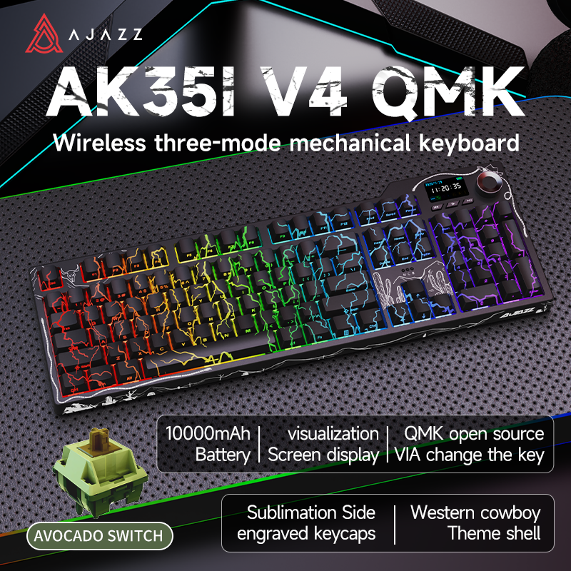 AJAZZ AK35I V4 Gaming Mechanical Keyboard Full size Wired/2.4G Wireless/Bluetooth adapter 1.14-inch color screen volume knob hot-swappable 10000mAh battery
