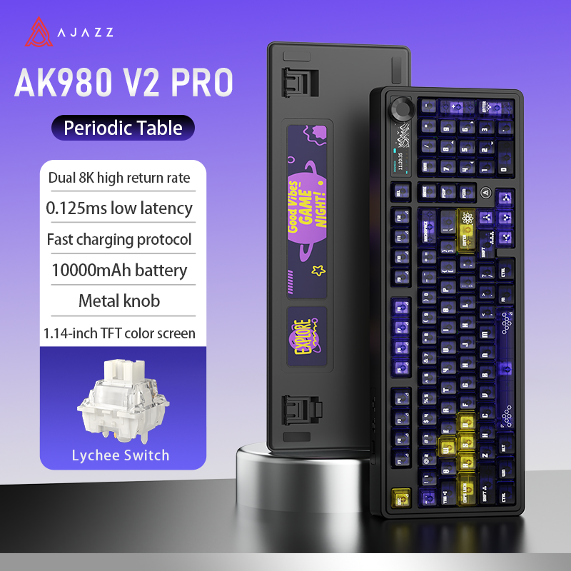 AJAZZ AK980 V2 PRO Dual 8K gaming wireless mechanical keyboard, 10000mAh TFT color screen, wireless Bluetooth, hot-swappable
