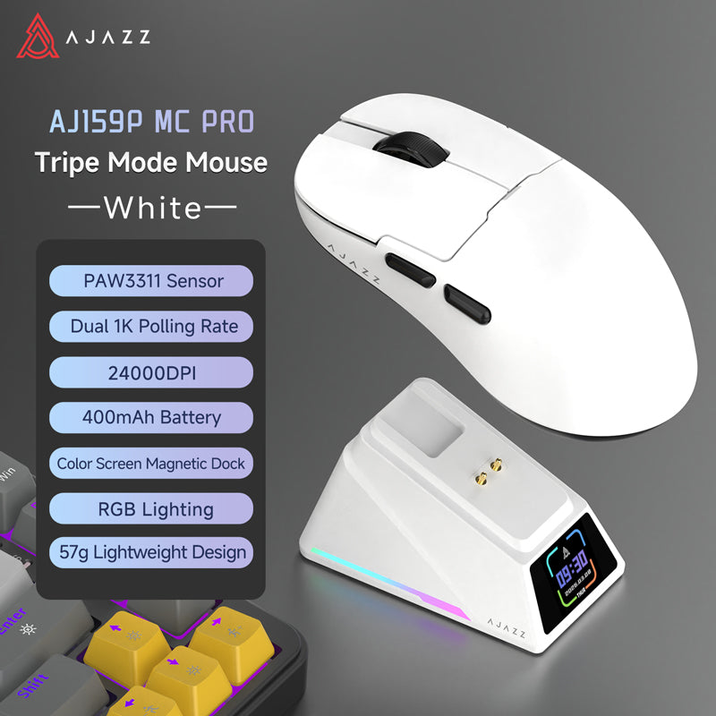 AJAZZ AJI59P MC PRO Wireless Gaming & Office Mouse – Color Screen, Magnetic Dock, PAW3311 Sensor Dual 1K Polling Rate, 24,000 DPI, 400mAh Battery, RGB Lighting, 57g Lightweight Design