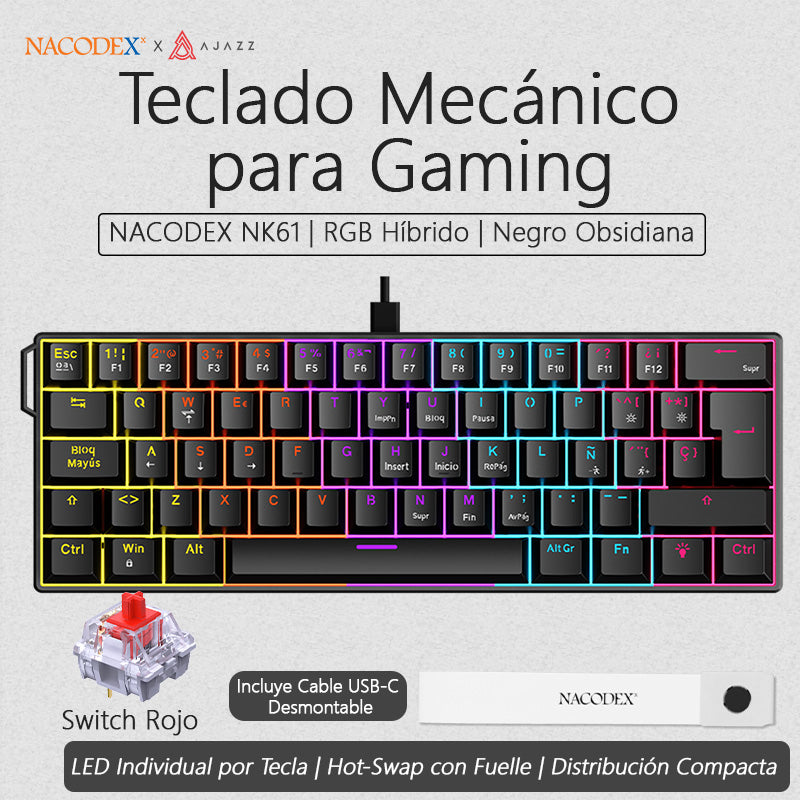 Versión en español Ajazz NK61 Teclado mecanico cableado para juegos Intercambiable en caliente con socket Banda personalizada