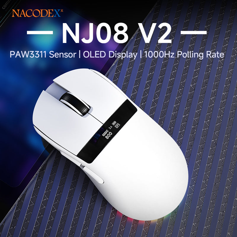 AJAZZ NJ08 V2 Wireless Gaming Mouse with Screen (PAW3311) OLED Display 1000Hz Polling Rate Wired/Bluetooth/2.4G Connectivity RGB Lighting 24000 DPI