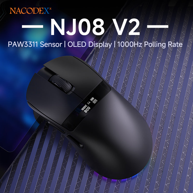 AJAZZ NJ08 V2 Wireless Gaming Mouse with Screen (PAW3311) OLED Display 1000Hz Polling Rate Wired/Bluetooth/2.4G Connectivity RGB Lighting 24000 DPI