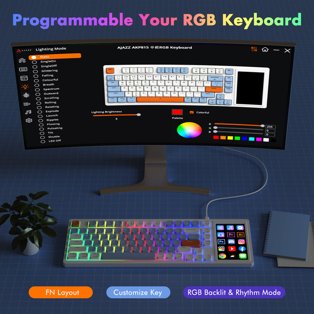 81 key Touch Screen Low Profile Mechanical Keyboard with 4.33inch Large ...