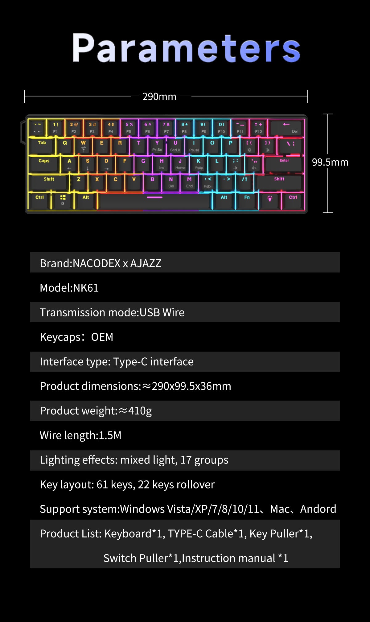 AJAZZ NK61 Mechanical Keyboard Red switches mixed light hot