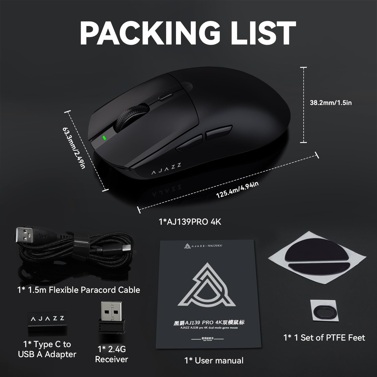 AJAZZ AJ139 PRO Mouse PAW3395 4000Hz Polling Rate 26000DPI Max 59g
