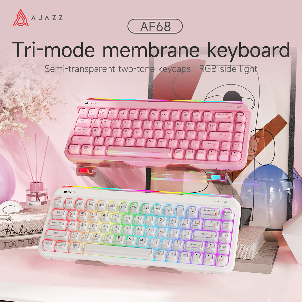 AJAZZ AF68 Tri-mode membrane keyboard 4000mAh Semi-transparent two AJAZZ AF68 Tri-mode membrane keyboard 4000mAh Semi-transparent two